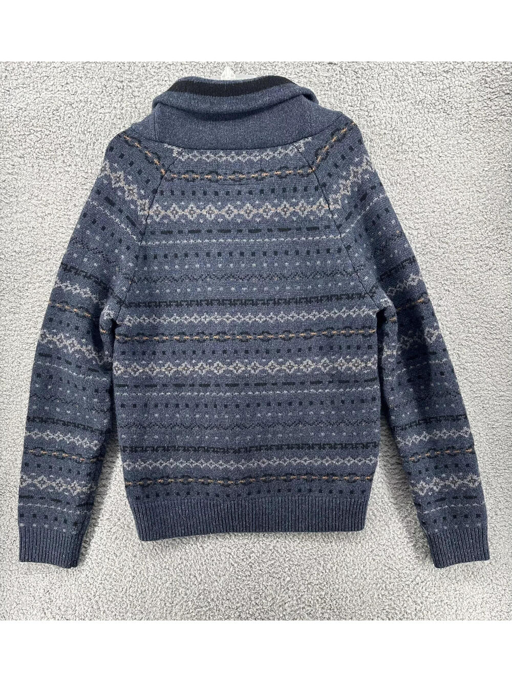 Roots Canada Blue Fair Isle Shawl Collar Lambs Wool Sweater - Size M Medium